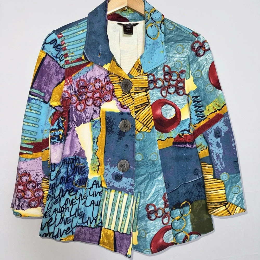 Multiples Abstract Art Print Button‎ Collared Ruffle Pockets Jacket Women's S